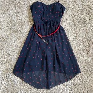 Spaghetti strap navy blue dress with hearts & matching thin red belt
